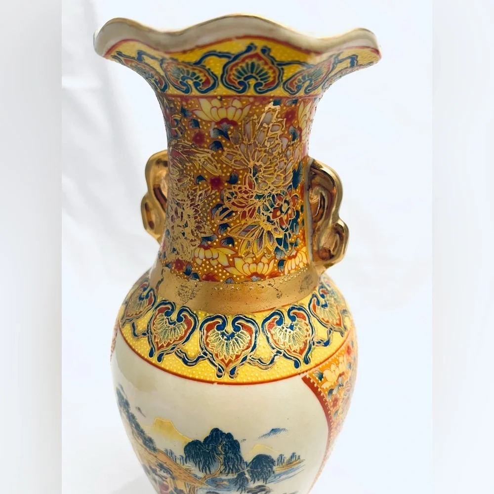Japanese Satsuma-Style Porcelain Vase, Peacock with Moriage, Vintage EUC